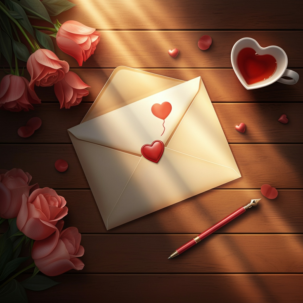 a envelope with a heart stamp and a cup of tea and roses on a wood surface